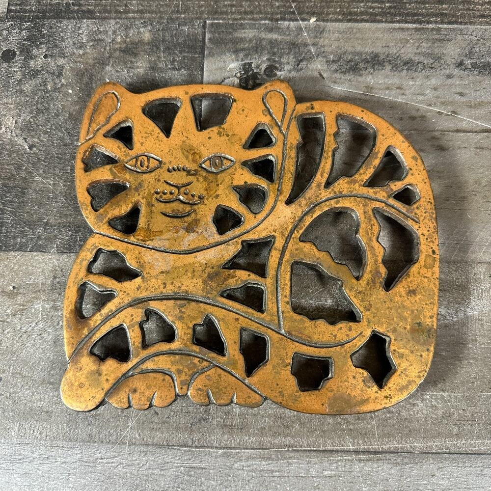 Vtg ODI‎ 1999 Cast Iron Copper Cat Trivet Wall Hanging Art Rustic Country Farm